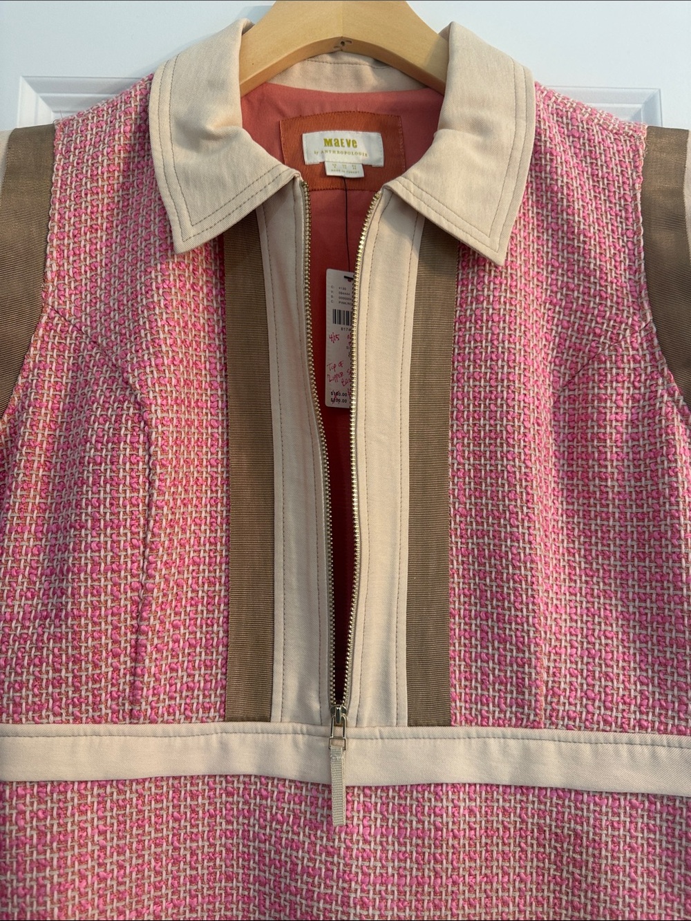 Anthropologie Maeve Pink/Rose Tweed Zip-Front Dress with Cream Trim - Picture 8 of 10